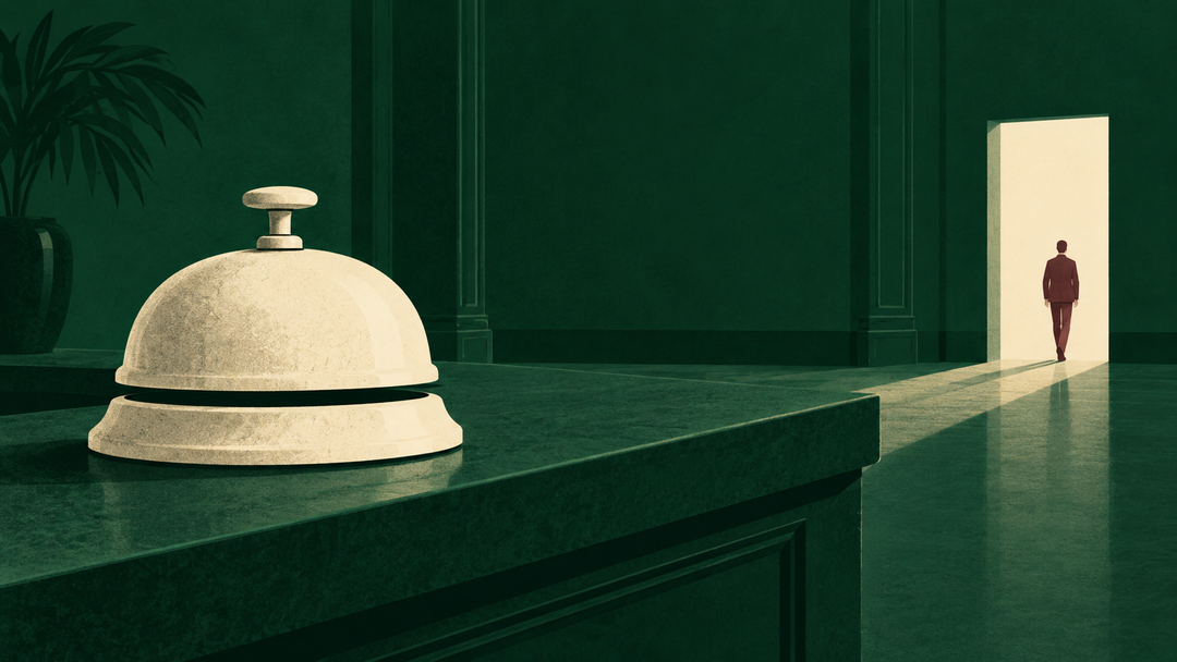 An untouched cream service bell on a green counter, while a small burgundy figure leaves through an open doorway.