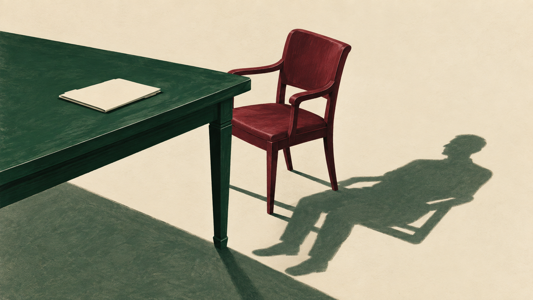 An empty burgundy chair beside a green meeting table casts the shadow of a seated person on a warm cream floor.