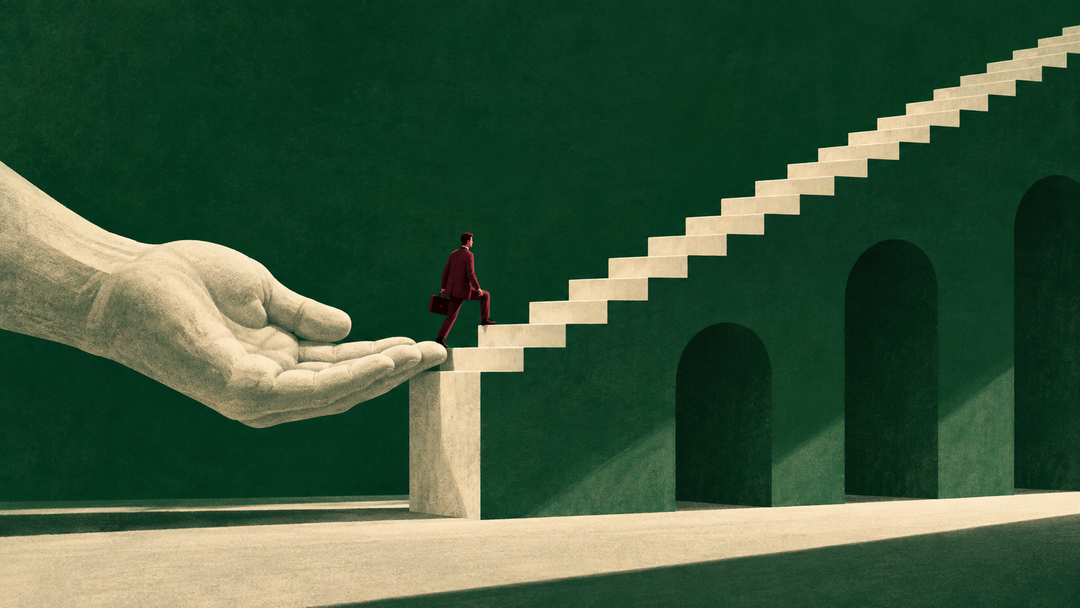 A small burgundy figure starts partway up a cream staircase, supported by an oversized cream hand against a deep green background.