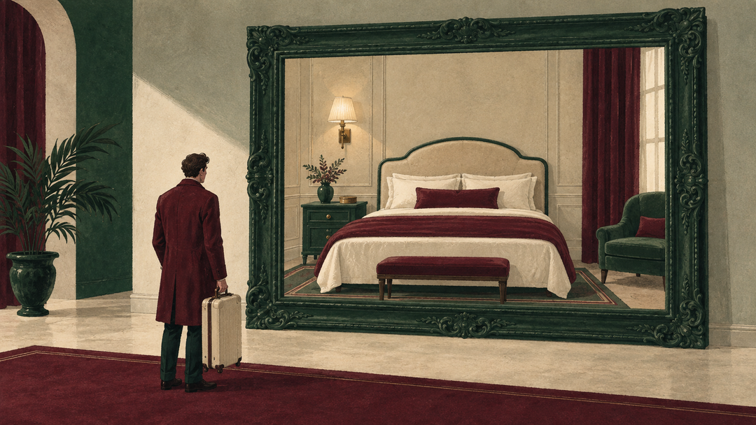 A guest with a suitcase faces a beautiful hotel bedroom trapped inside an enormous green picture frame, in warm cream and burgundy.