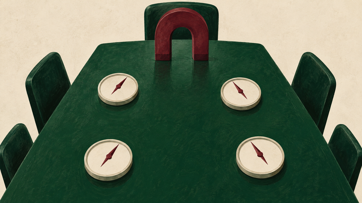 Four blank compasses on a green meeting table point towards a burgundy magnet at the head of the table.
