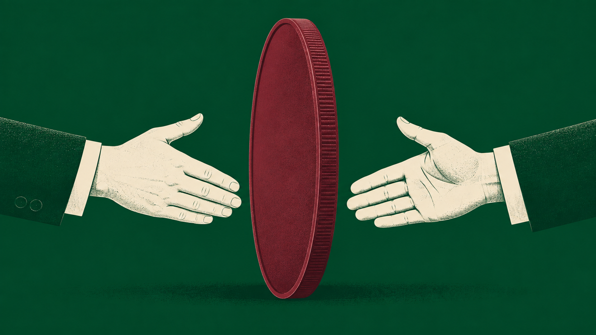 Two cream-coloured hands reach for a handshake, separated by an oversized burgundy coin against a dark green background.