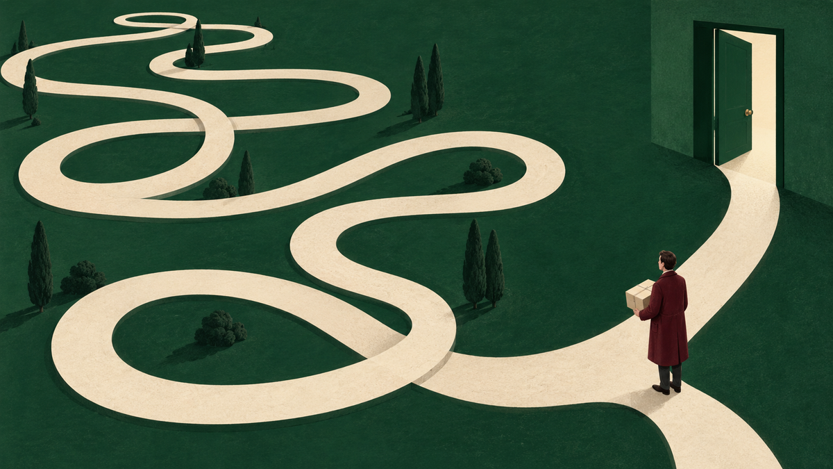 A customer in a burgundy coat stands near a green doorway beside an unnecessarily long, winding cream path.