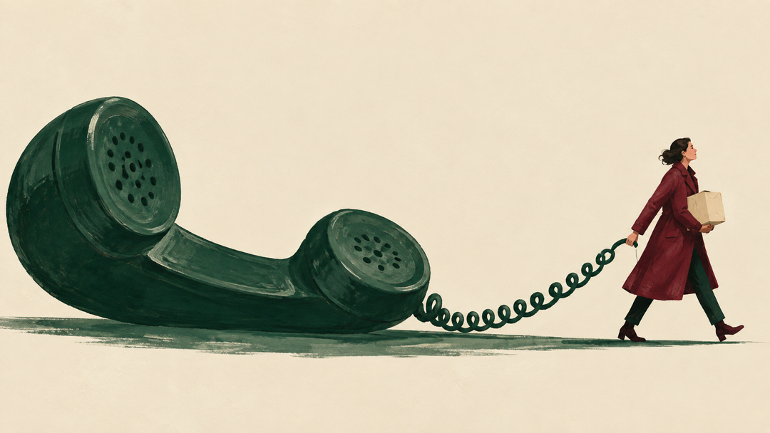 A customer in a burgundy coat carries a parcel while dragging an enormous green telephone receiver by its cord across a cream background.