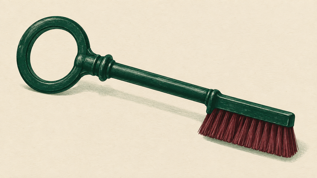A dark green key becomes a burgundy cleaning brush on warm cream paper, linking cleaning services with trust and responsibility.