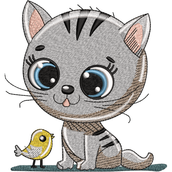 Cute Cat With Sparrow Embroidery Design
