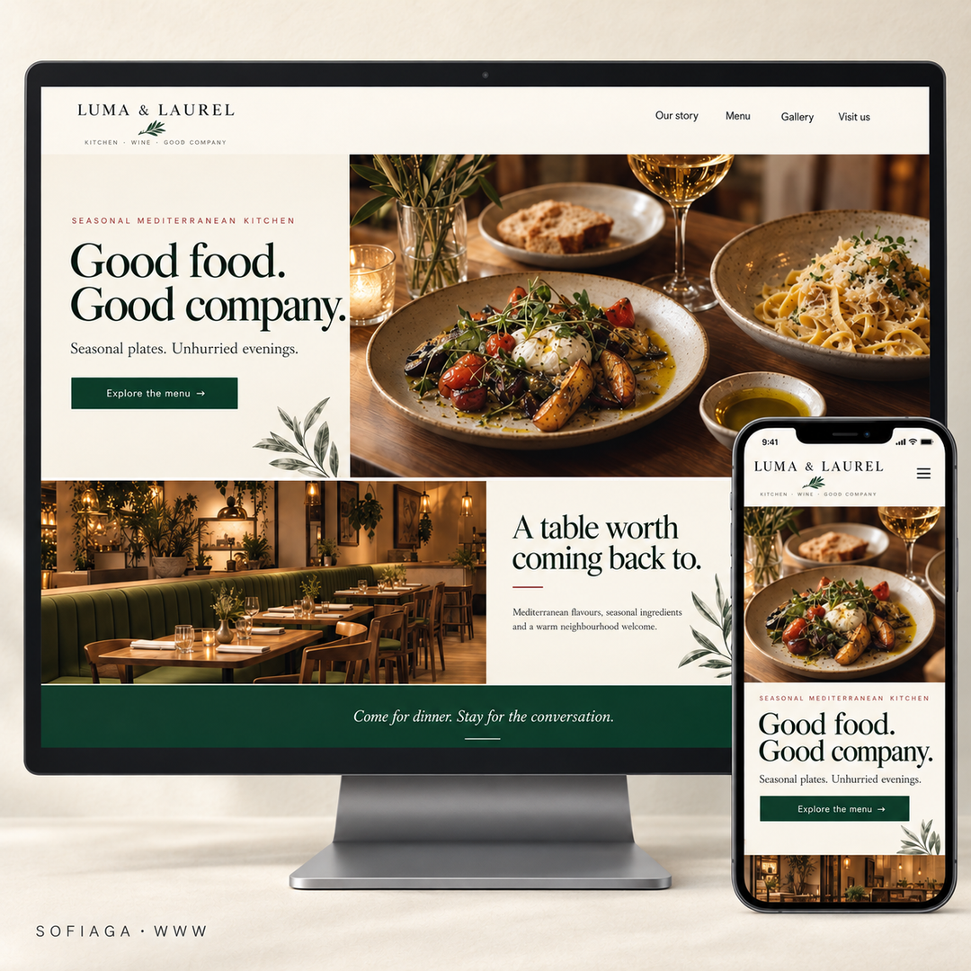 Restaurant website design concept by Sofiaga, shown on desktop and mobile.