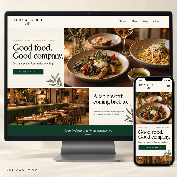 Restaurant website design concept by Sofiaga, shown on desktop and mobile.