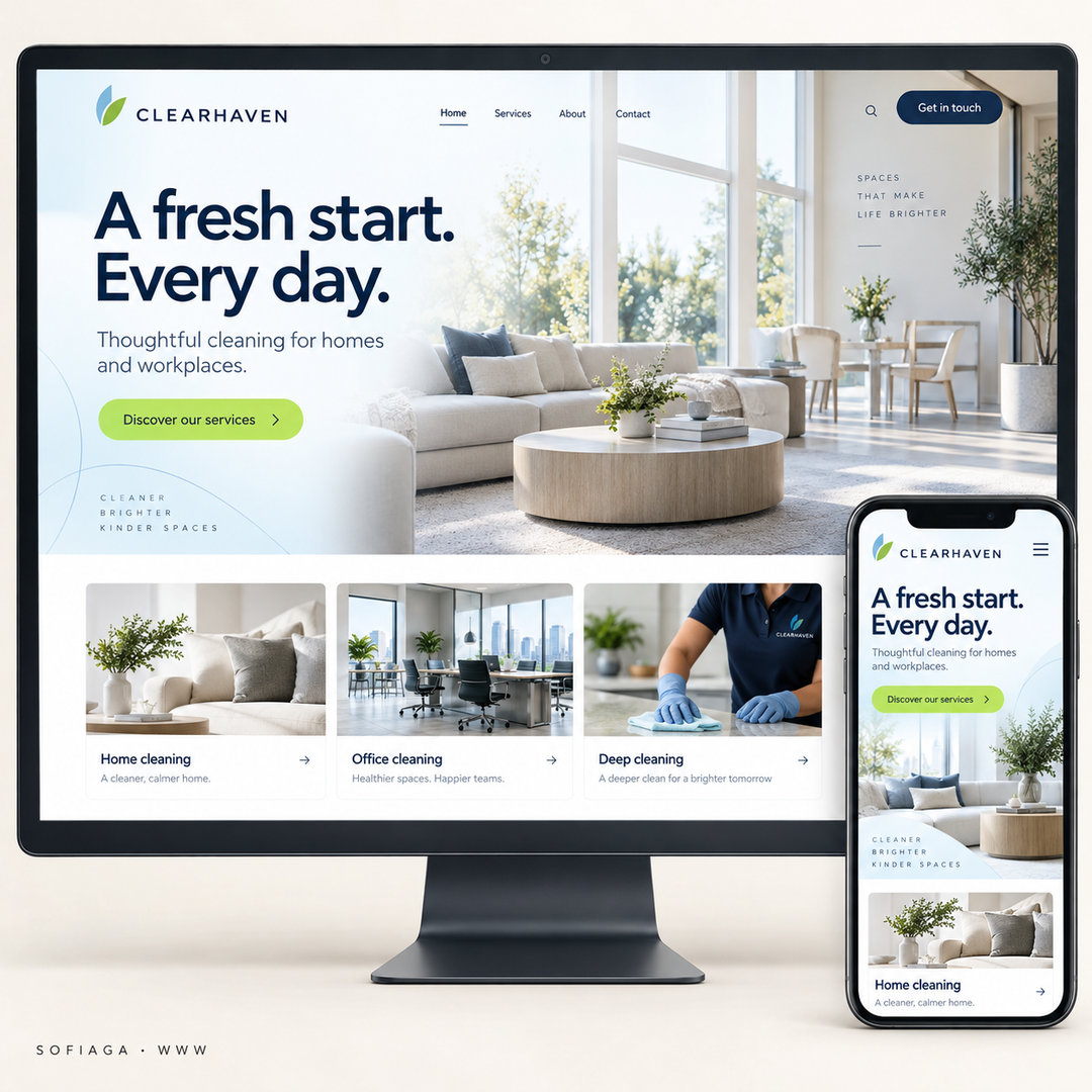 Cleaning company website design concept by Sofiaga, shown on desktop and mobile.