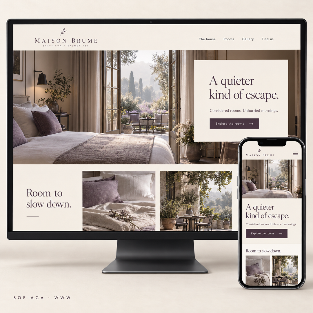 Boutique hotel website design concept by Sofiaga, shown on desktop and mobile.