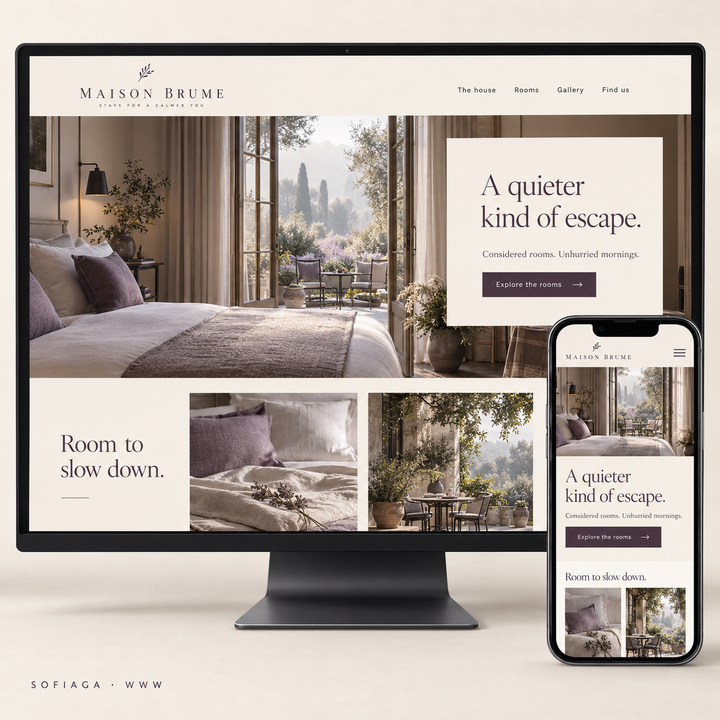 Boutique hotel website design concept by Sofiaga, shown on desktop and mobile.