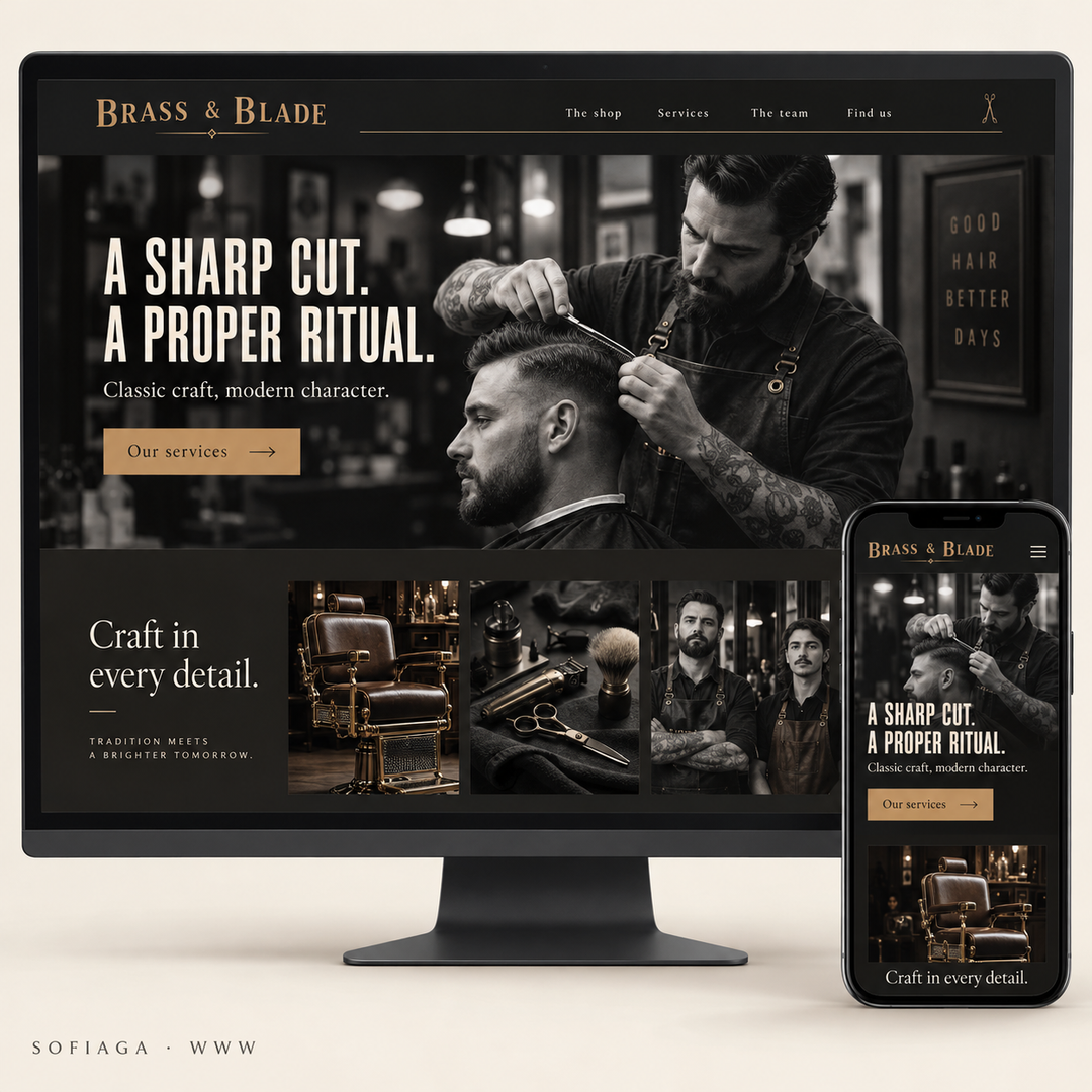 Barbershop website design concept by Sofiaga, shown on desktop and mobile.