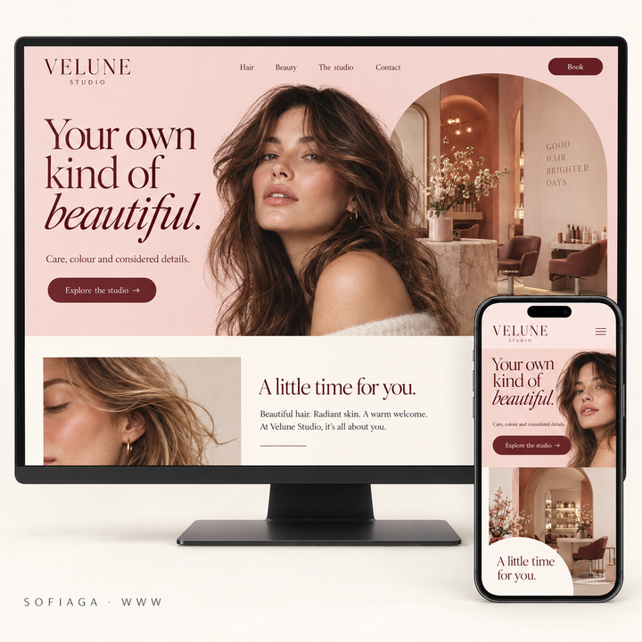 Beauty salon website design concept by Sofiaga, shown on desktop and mobile.