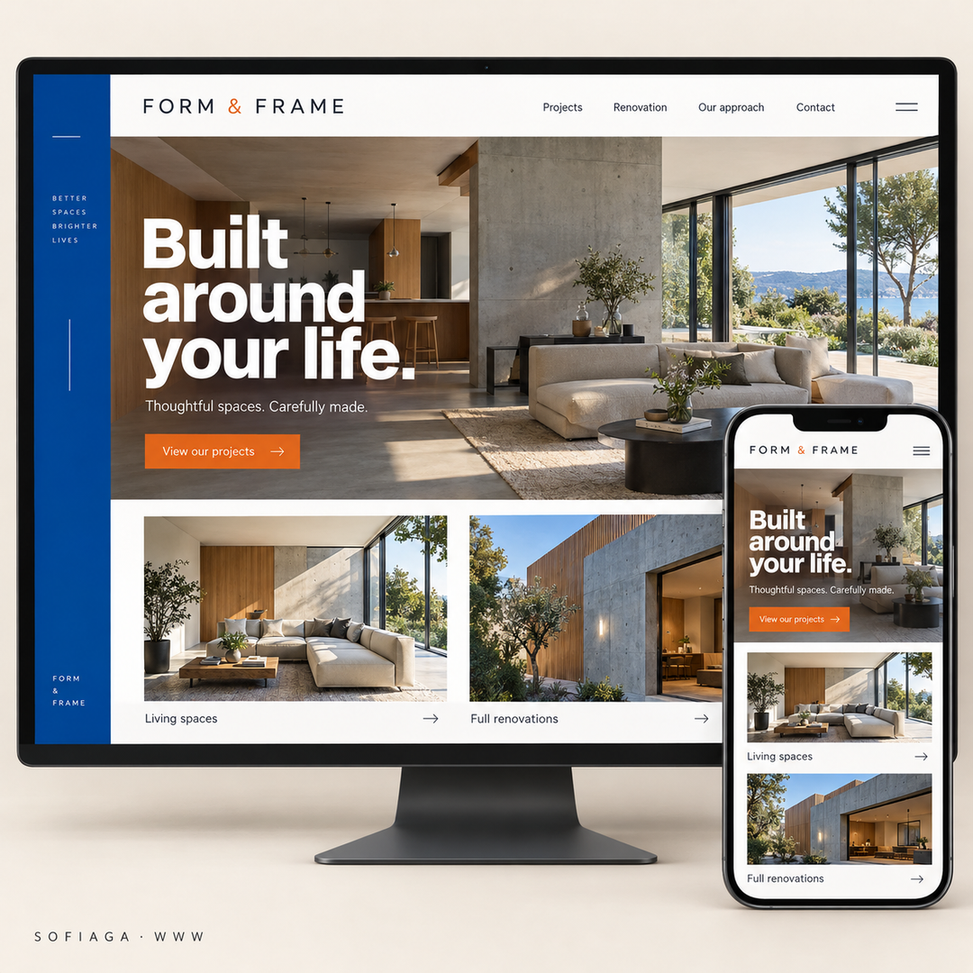 Construction and renovation website design concept by Sofiaga, shown on desktop and mobile.