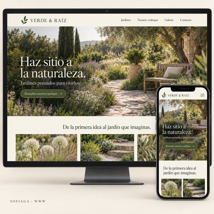 Landscaping website design concept by Sofiaga, shown on desktop and mobile.