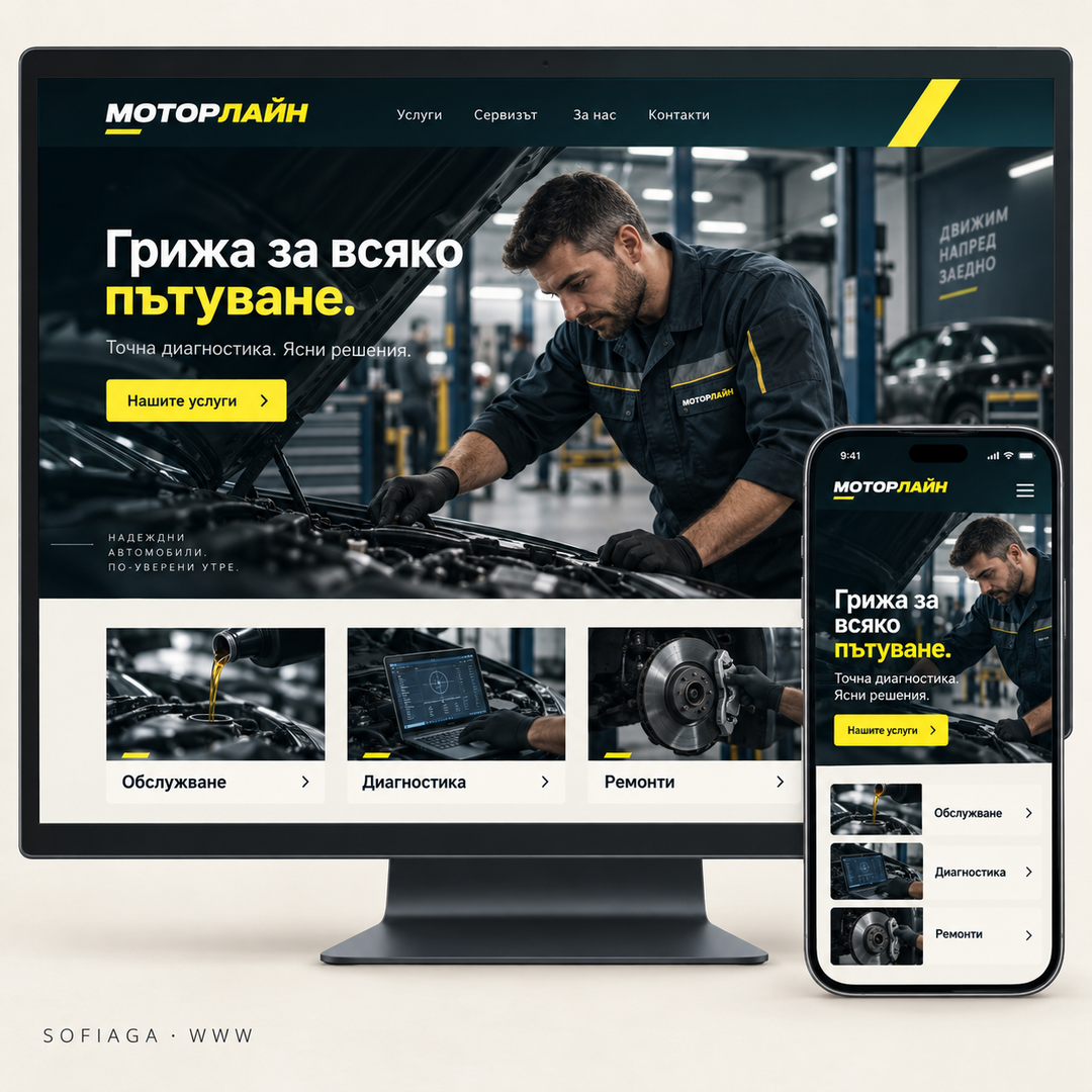 Auto workshop website design concept by Sofiaga, shown on desktop and mobile.