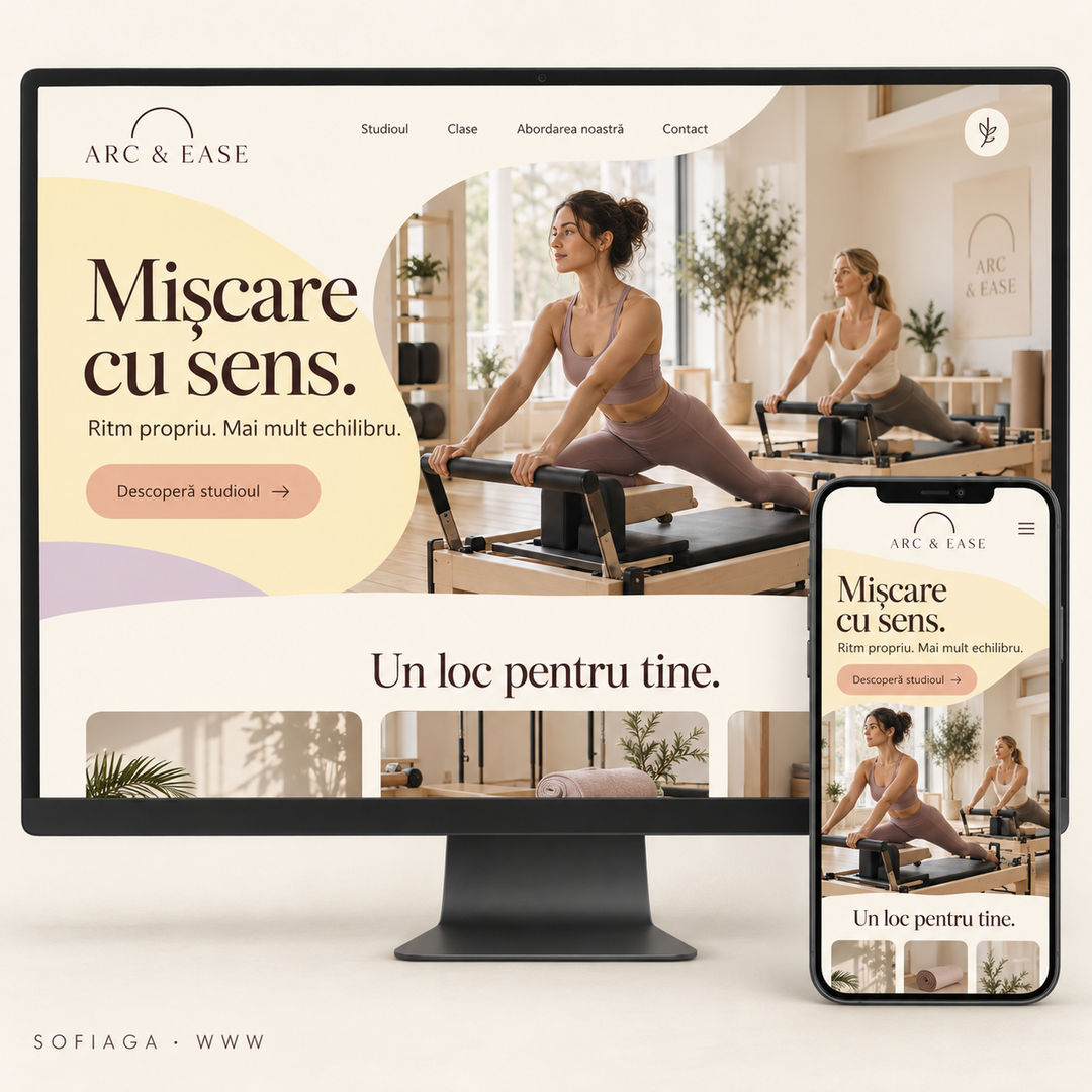 Pilates studio website design concept by Sofiaga, shown on desktop and mobile.