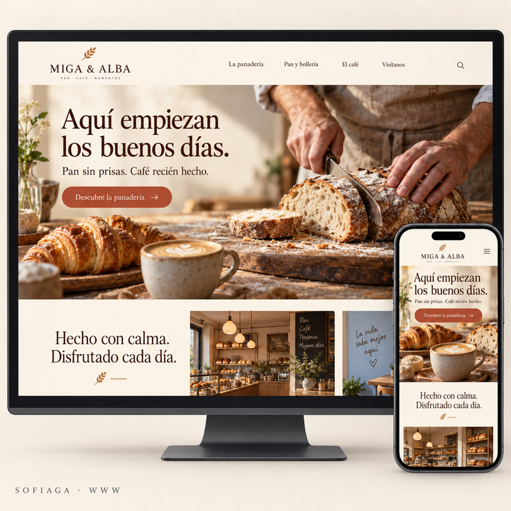 Bakery and cafe website design concept by Sofiaga, shown on desktop and mobile.