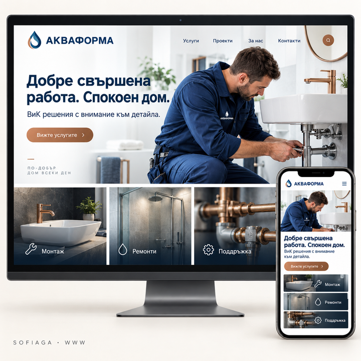 Plumbing website design concept by Sofiaga, shown on desktop and mobile.