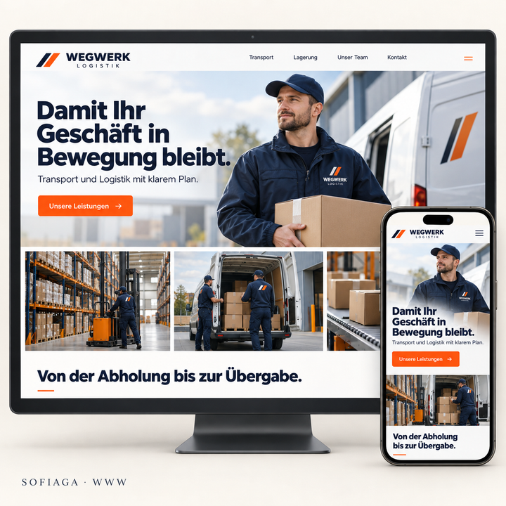 Logistics and delivery website design concept by Sofiaga, shown on desktop and mobile.