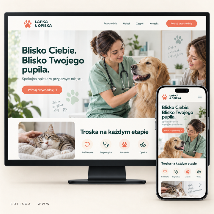 Veterinary clinic website design concept by Sofiaga, shown on desktop and mobile.