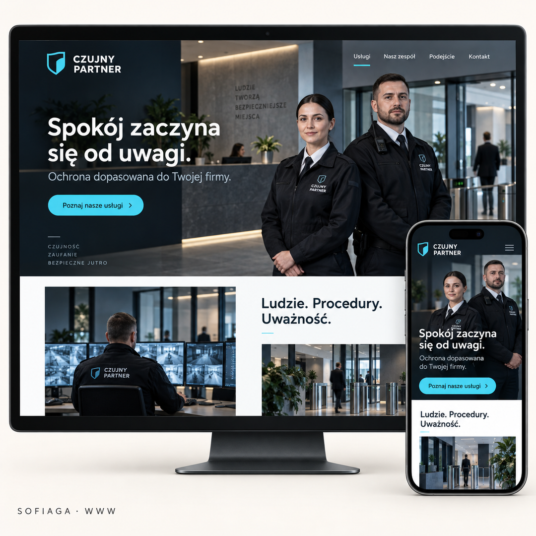 Security services website design concept by Sofiaga, shown on desktop and mobile.