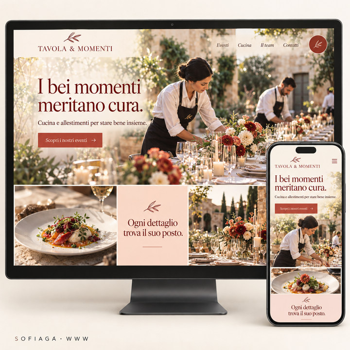 Event and catering services website design concept by Sofiaga, shown on desktop and mobile.