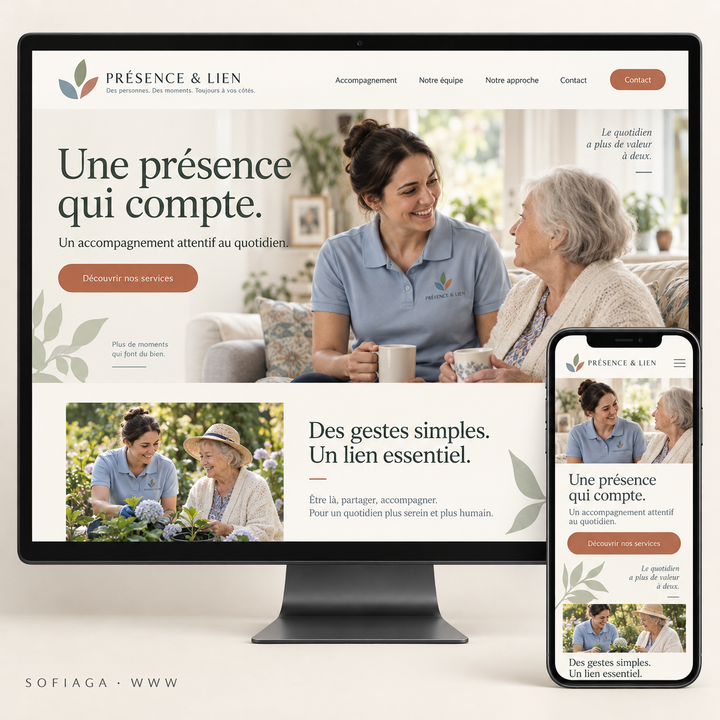 Home care services website design concept by Sofiaga, shown on desktop and mobile.
