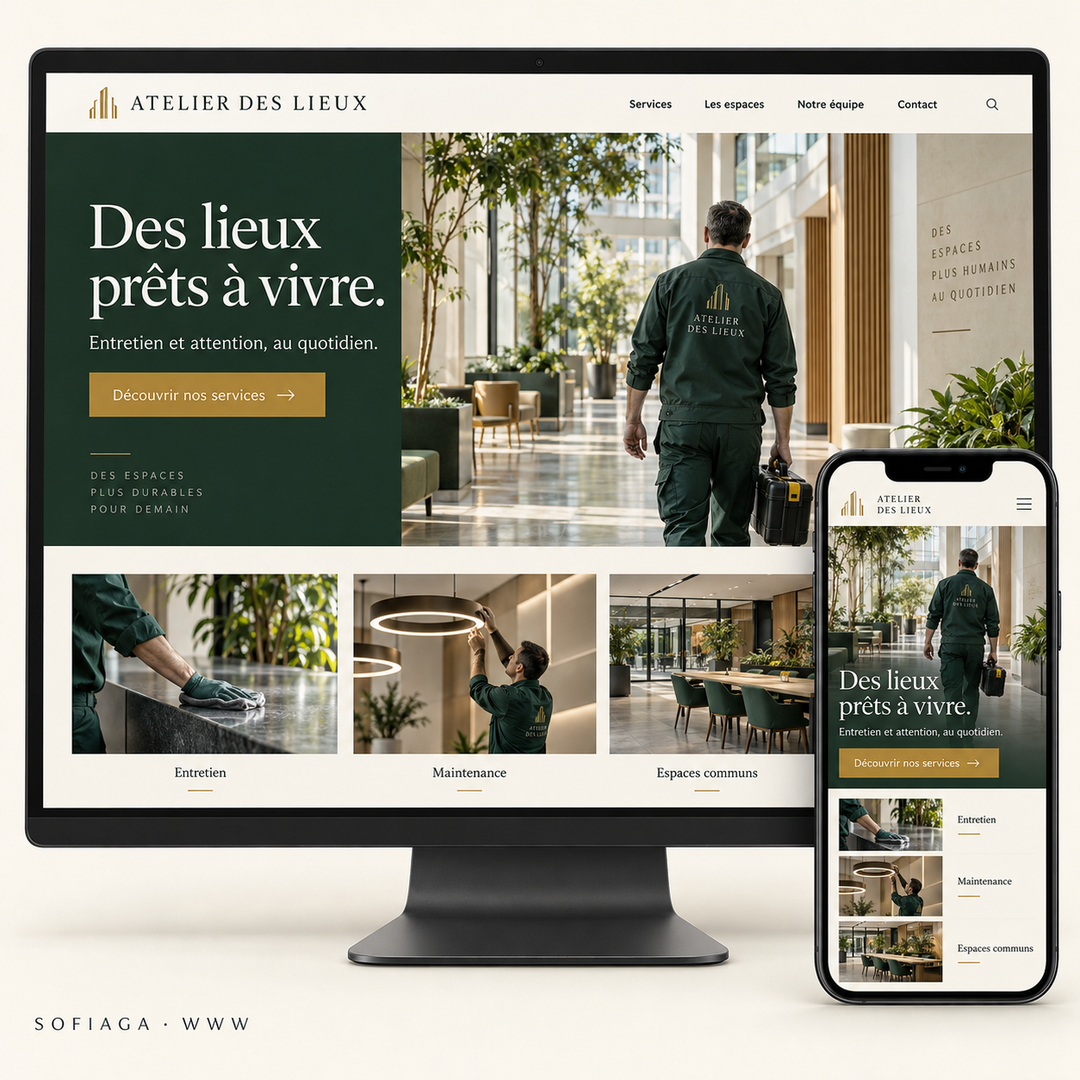 Property and facilities services website design concept by Sofiaga, shown on desktop and mobile.